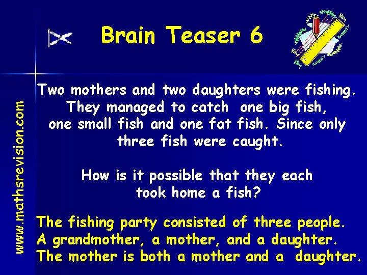 www. mathsrevision. com Brain Teaser 6 Two mothers and two daughters were fishing. They