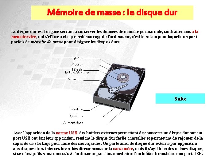 Mémoire de masse : le disque dur Le disque dur est l'organe servant à