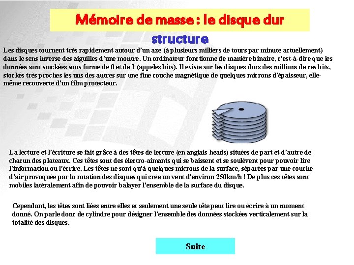 Mémoire de masse : le disque dur structure Les disques tournent très rapidement autour