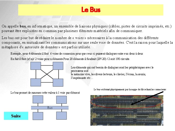 Le Bus On appelle bus, en informatique, un ensemble de liaisons physiques (câbles, pistes