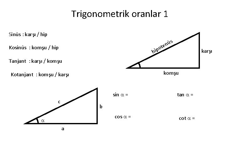 Trigonometrik oranlar 1 Sinüs : karşı / hip üs n ote Kosinüs : komşu