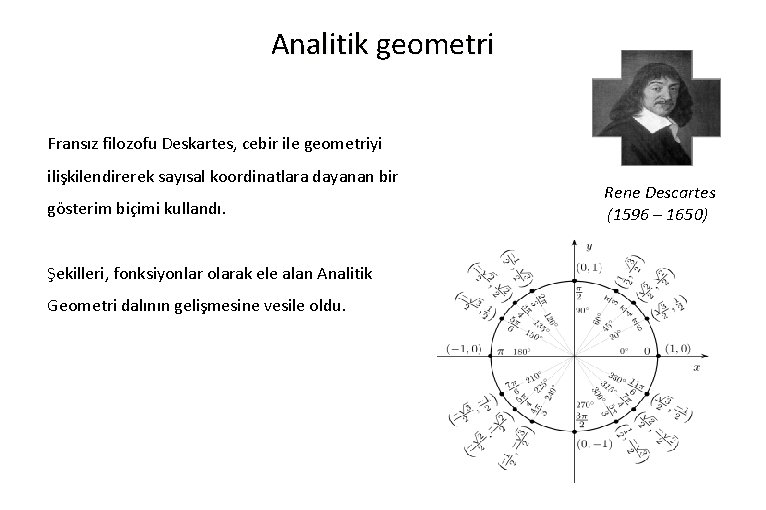 Analitik geometri Fransız filozofu Deskartes, cebir ile geometriyi ilişkilendirerek sayısal koordinatlara dayanan bir gösterim