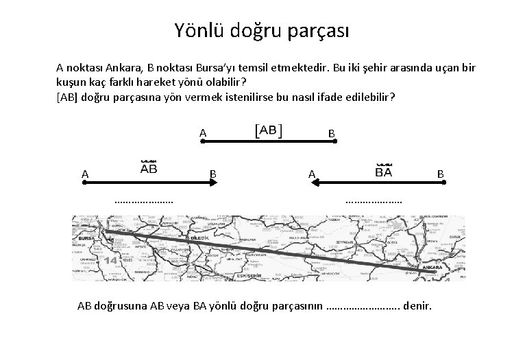 Yönlü doğru parçası A noktası Ankara, B noktası Bursa’yı temsil etmektedir. Bu iki şehir