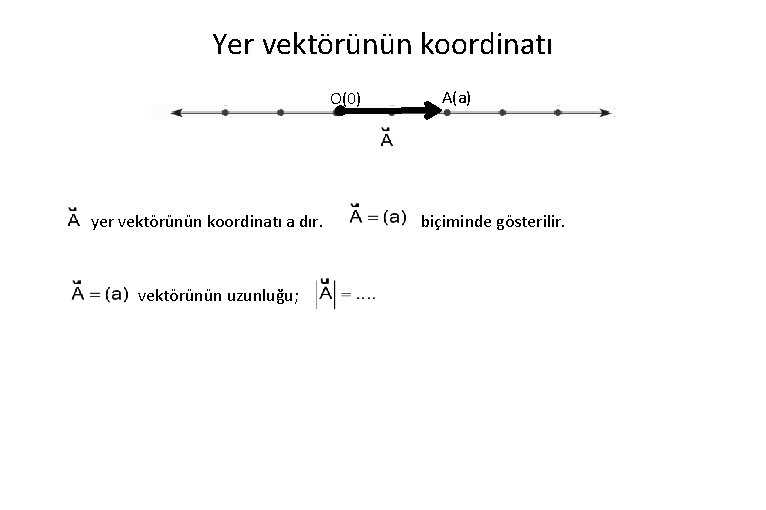 Yer vektörünün koordinatı O(0) yer vektörünün koordinatı a dır. vektörünün uzunluğu; A(a) biçiminde gösterilir.