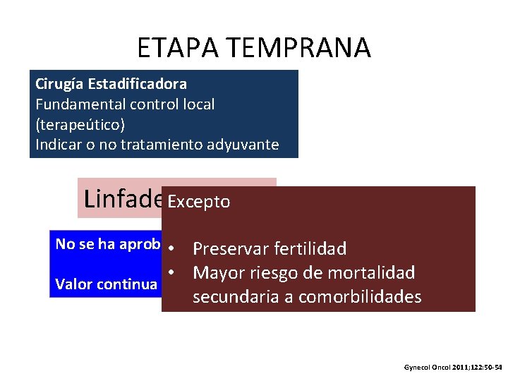 ETAPA TEMPRANA Cirugía Estadificadora Fundamental control local (terapeútico) Indicar o no tratamiento adyuvante Linfadenectomía