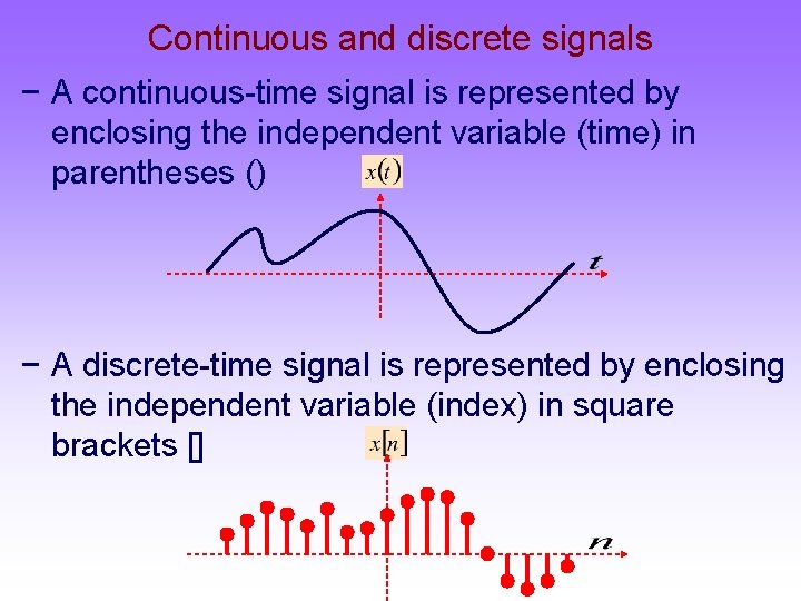 Continuous and discrete signals − A continuous-time signal is represented by enclosing the independent