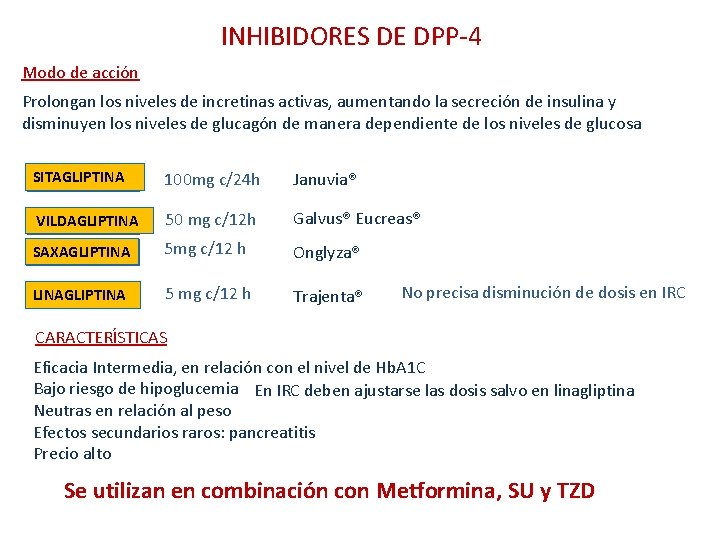 INHIBIDORES DE DPP-4 Modo de acción Prolongan los niveles de incretinas activas, aumentando la