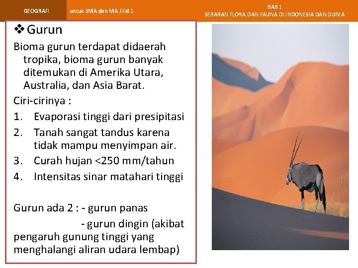 GEOGRAFI untuk SMA dan MA Jilid 1 v Gurun Bioma gurun terdapat didaerah tropika,