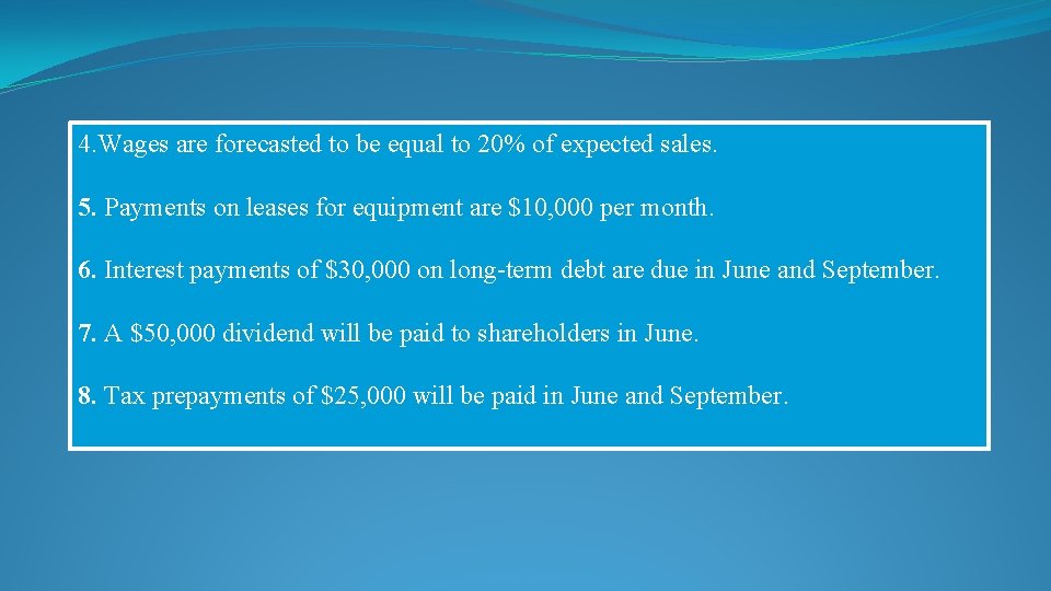 4. Wages are forecasted to be equal to 20% of expected sales. 5. Payments