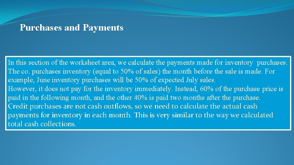 Purchases and Payments In this section of the worksheet area, we calculate the payments
