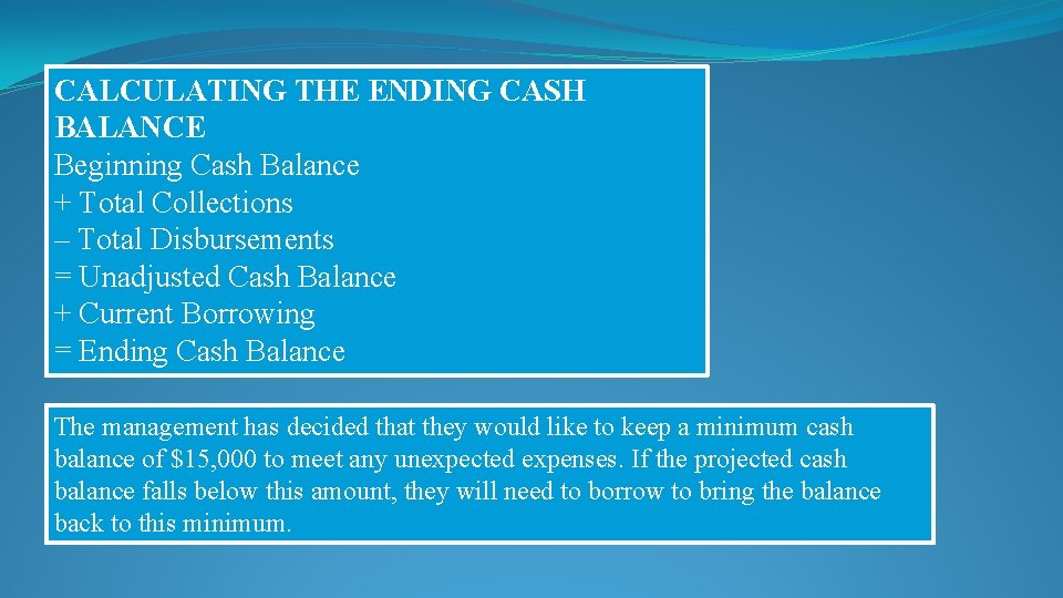 CALCULATING THE ENDING CASH BALANCE Beginning Cash Balance + Total Collections – Total Disbursements