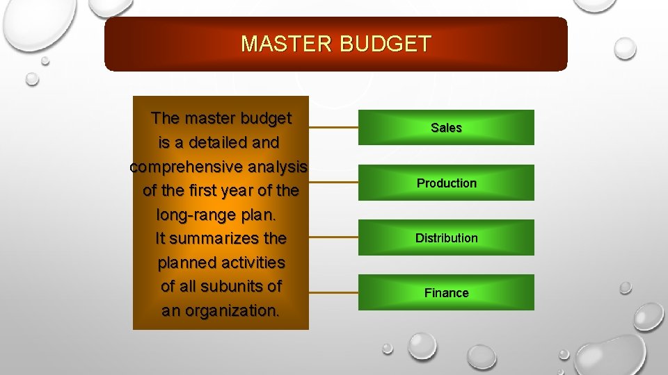 MASTER BUDGET The master budget is a detailed and comprehensive analysis of the first