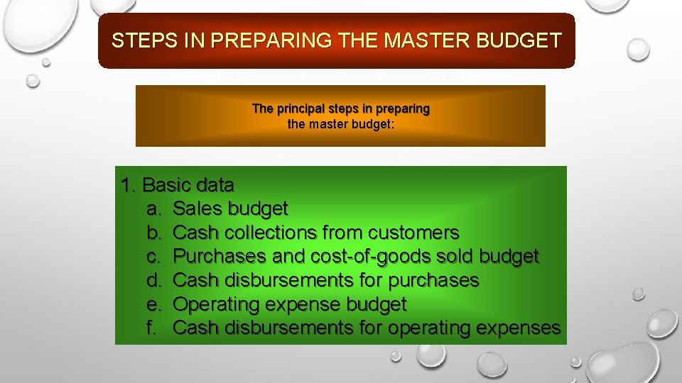 STEPS IN PREPARING THE MASTER BUDGET The principal steps in preparing the master budget: