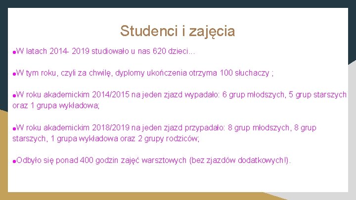 Studenci i zajęcia ●W latach 2014 - 2019 studiowało u nas 620 dzieci. .