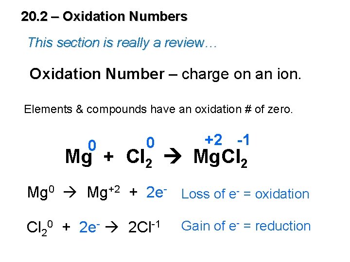 20. 2 – Oxidation Numbers This section is really a review… Oxidation Number –