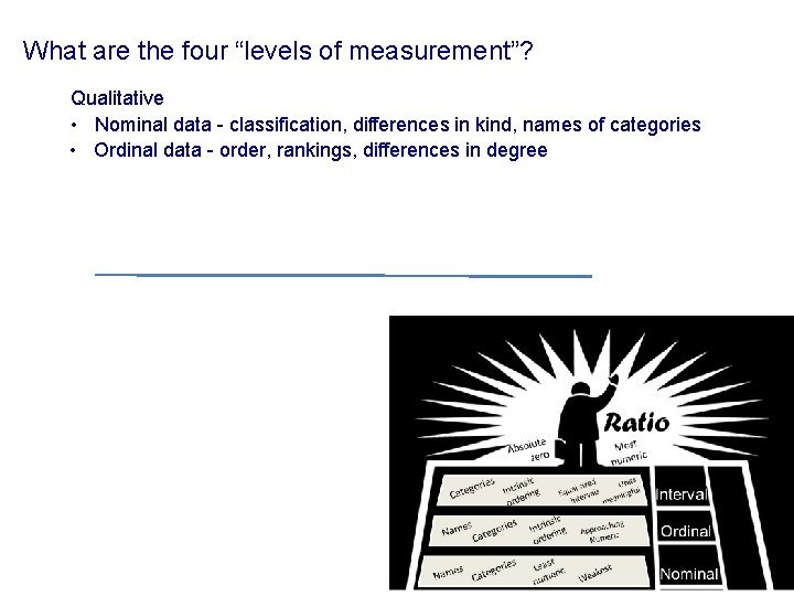 What are the four “levels of measurement”? Qualitative • Nominal data - classification, differences