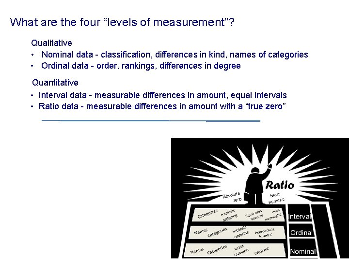 What are the four “levels of measurement”? Qualitative • Nominal data - classification, differences