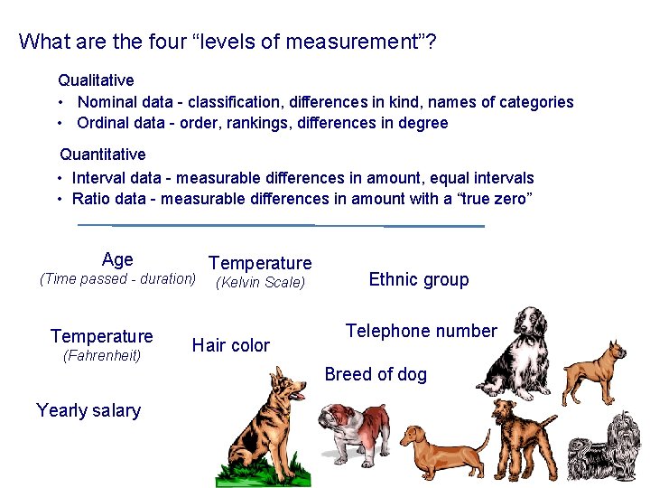 What are the four “levels of measurement”? Qualitative • Nominal data - classification, differences