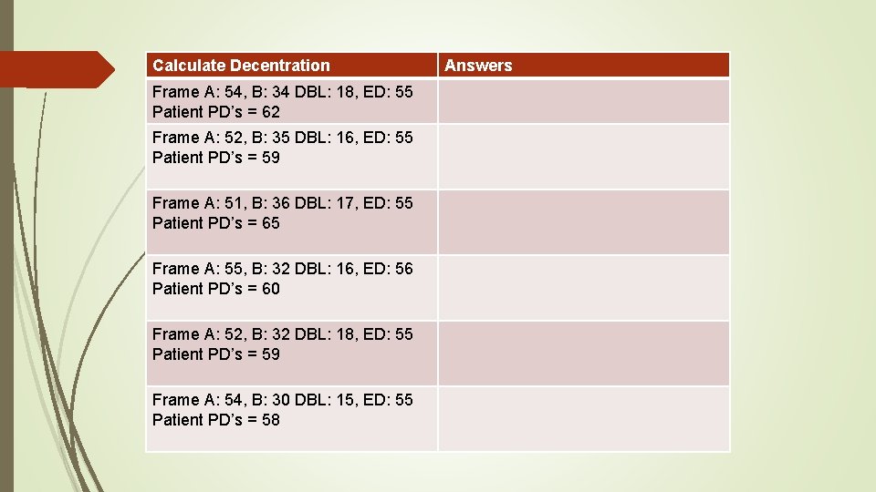Calculate Decentration Frame A: 54, B: 34 DBL: 18, ED: 55 Patient PD’s =