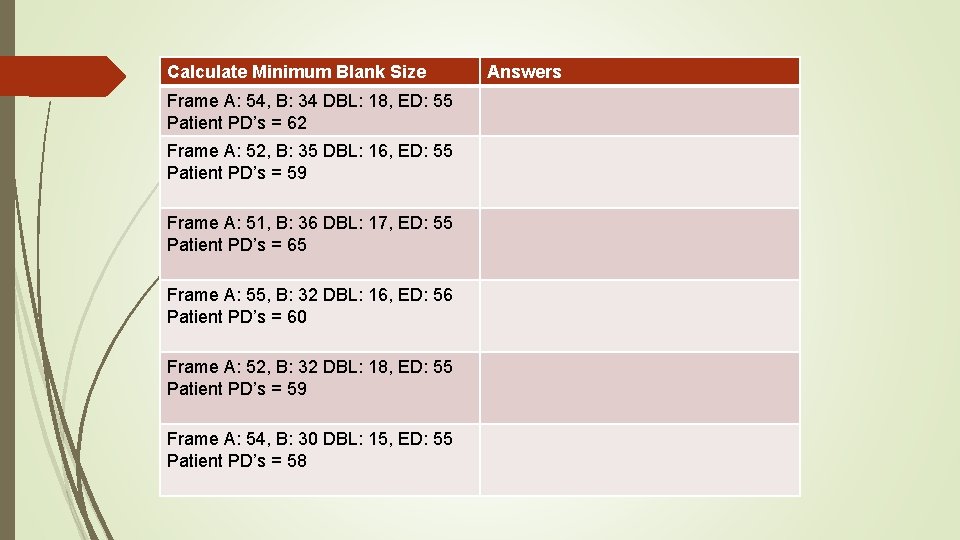 Calculate Minimum Blank Size Frame A: 54, B: 34 DBL: 18, ED: 55 Patient