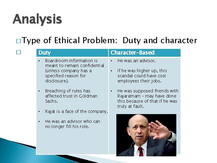 Analysis � Type � of Ethical Problem: Duty and character Duty Character-Based Boardroom information