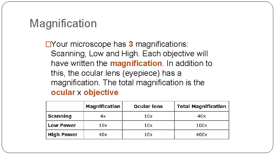 Magnification �Your microscope has 3 magnifications: Scanning, Low and High. Each objective will have