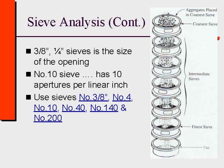 Sieve Analysis (Cont. ) n 3/8”, ¼” sieves is the size of the opening