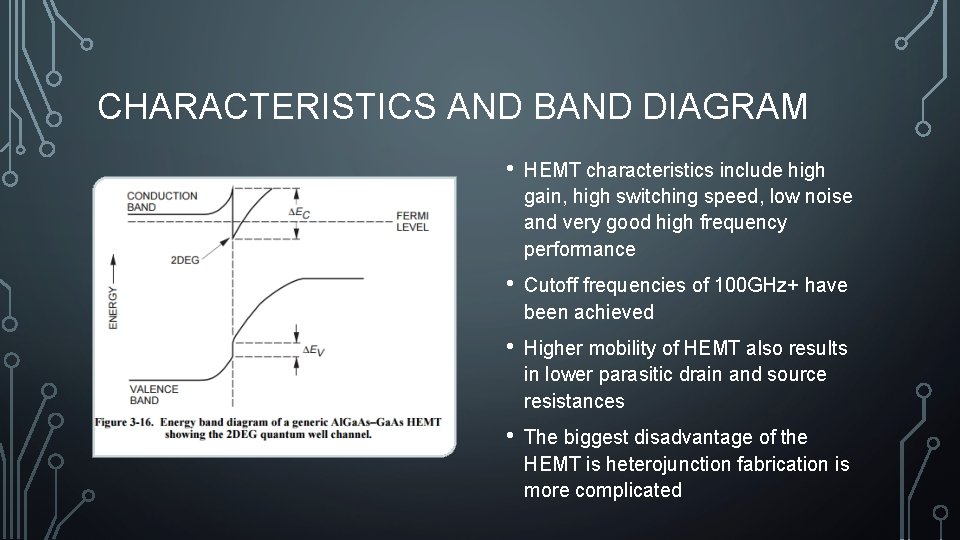 CHARACTERISTICS AND BAND DIAGRAM • HEMT characteristics include high gain, high switching speed, low