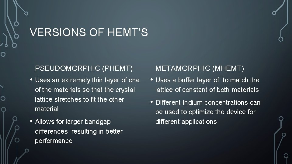 VERSIONS OF HEMT’S PSEUDOMORPHIC (PHEMT) METAMORPHIC (MHEMT) • Uses an extremely thin layer of