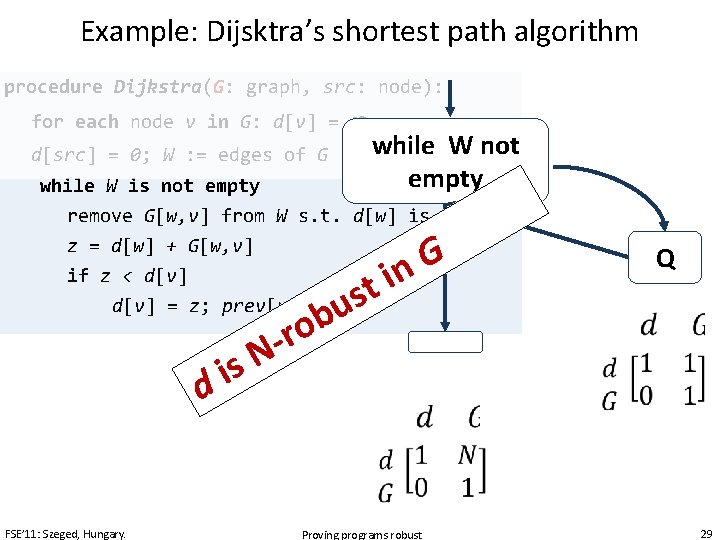 Example: Dijsktra’s shortest path algorithm procedure Dijkstra(G: graph, src: node): for each node v