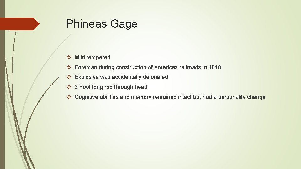 Phineas Gage Mild tempered Foreman during construction of Americas railroads in 1848 Explosive was