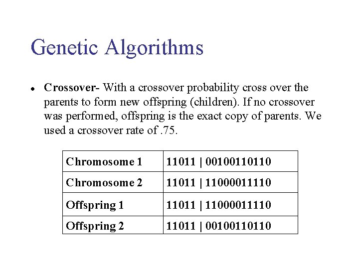 Genetic Algorithms l Crossover- With a crossover probability cross over the parents to form Genetic Algorithms l Crossover- With a crossover probability cross over the parents to form
