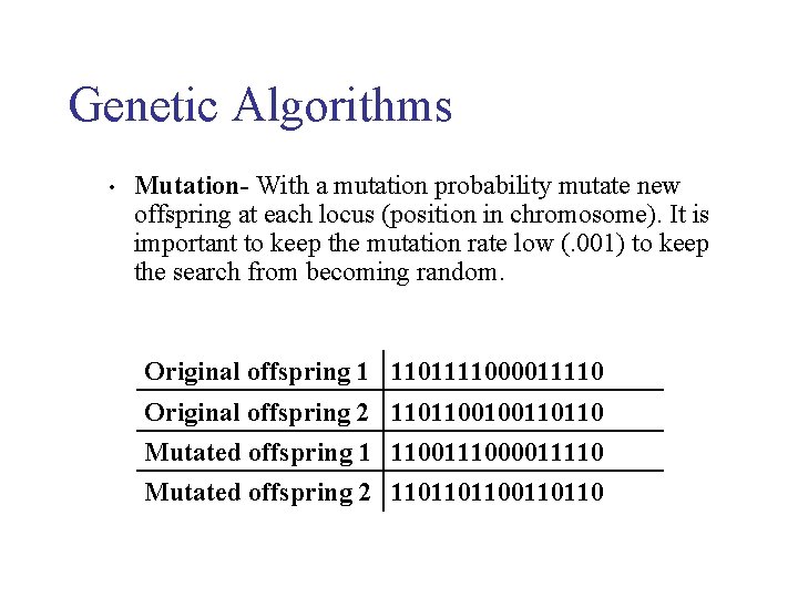 Genetic Algorithms • Mutation- With a mutation probability mutate new offspring at each locus Genetic Algorithms • Mutation- With a mutation probability mutate new offspring at each locus
