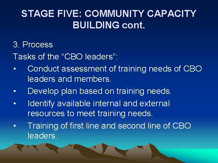 STAGE FIVE: COMMUNITY CAPACITY BUILDING cont. 3. Process Tasks of the “CBO leaders”: •