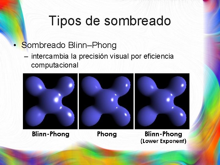 Tipos de sombreado • Sombreado Blinn–Phong – intercambia la precisión visual por eficiencia computacional