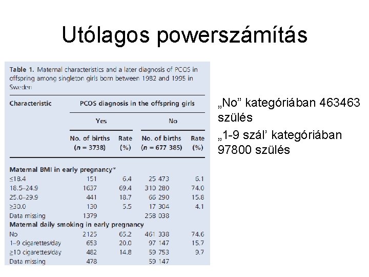 Utólagos powerszámítás • „No” kategóriában 463463 szülés • „ 1 -9 szál’ kategóriában 97800