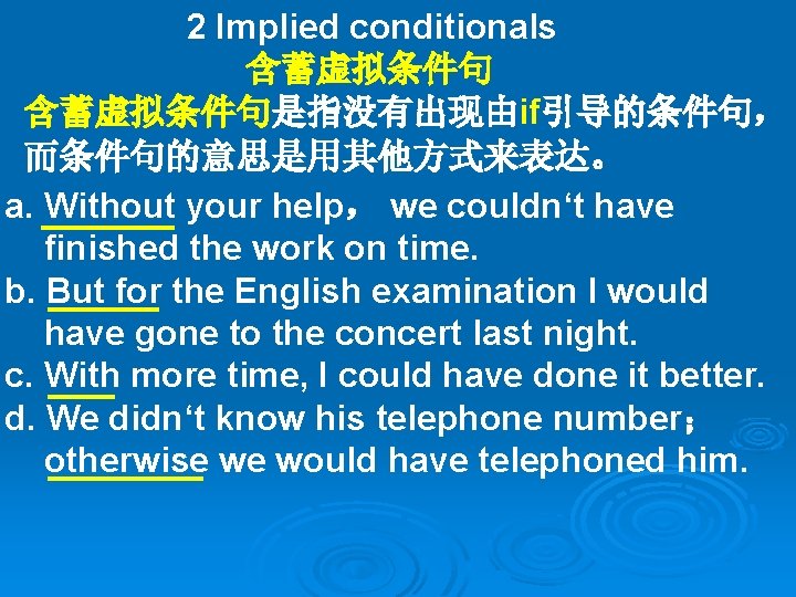 2 Implied conditionals 含蓄虚拟条件句是指没有出现由if引导的条件句， 而条件句的意思是用其他方式来表达。 a. Without your help， we couldn‘t have ______ finished