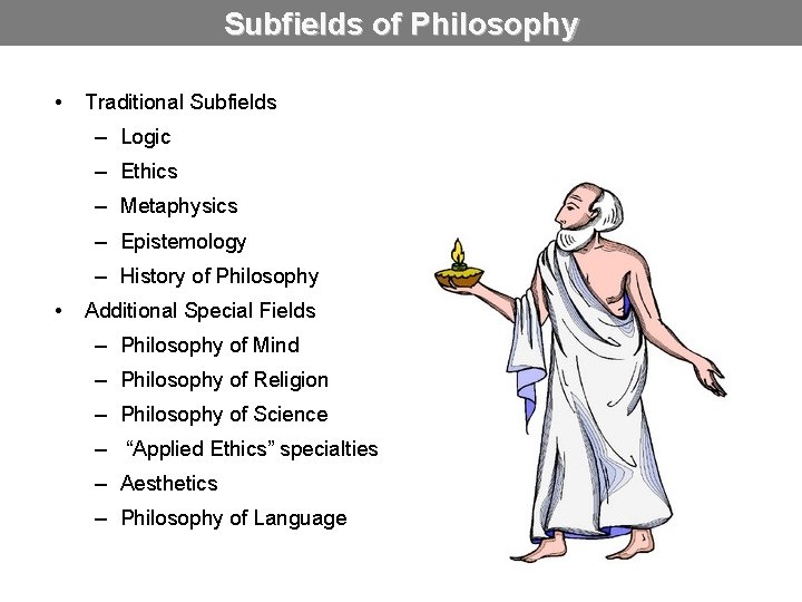 Subfields of Philosophy • Traditional Subfields – Logic – Ethics – Metaphysics – Epistemology