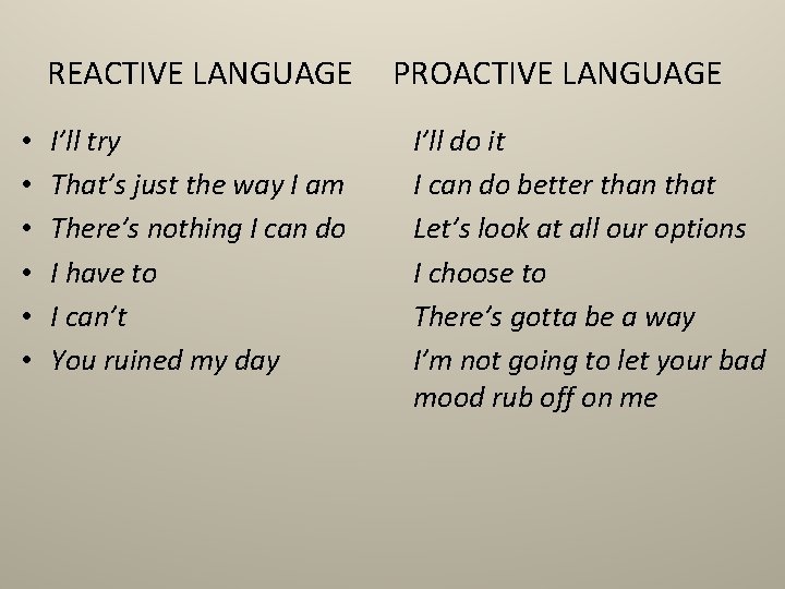 REACTIVE LANGUAGE • • • I’ll try That’s just the way I am There’s