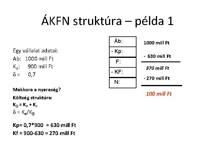 ÁKFN struktúra – példa 1 Áb: Egy vállalat adatai: Ab: 1000 mill Ft Kö: