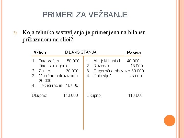 PRIMERI ZA VEŽBANJE 3) Koja tehnika sastavljanja je primenjena na bilansu prikazanom na slici?