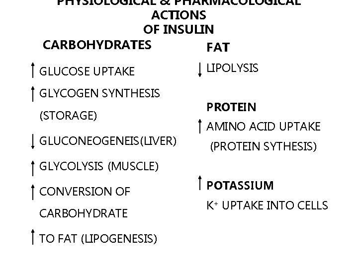 PHYSIOLOGICAL & PHARMACOLOGICAL ACTIONS OF INSULIN CARBOHYDRATES FAT GLUCOSE UPTAKE GLYCOGEN SYNTHESIS (STORAGE) GLUCONEOGENEIS(LIVER)