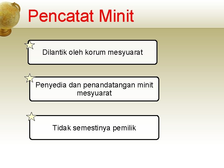 Pencatat Minit Dilantik oleh korum mesyuarat Penyedia dan penandatangan minit mesyuarat Tidak semestinya pemilik