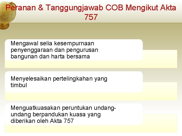 Peranan & Tanggungjawab COB Mengikut Akta 757 Mengawal selia kesempurnaan penyenggaraan dan pengurusan bangunan