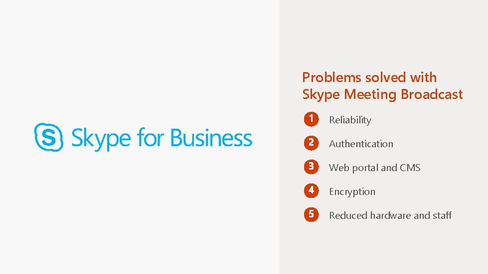 Problems solved with Skype Meeting Broadcast Reliability Authentication Web portal and CMS Encryption Reduced