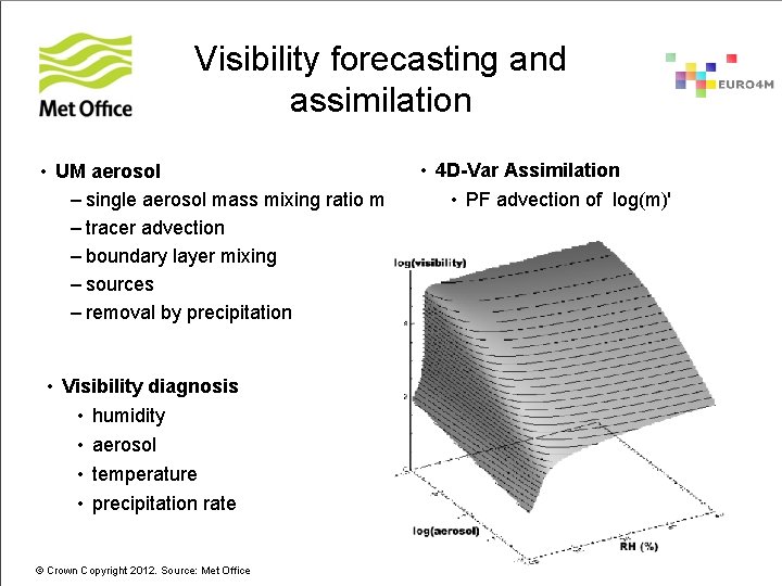 Visibility forecasting and assimilation • UM aerosol – single aerosol mass mixing ratio m