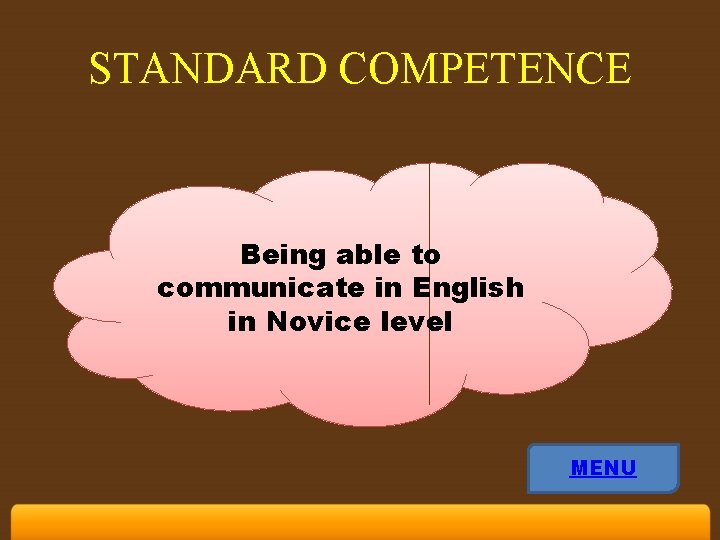 STANDARD COMPETENCE Being able to communicate in English in Novice level MENU 