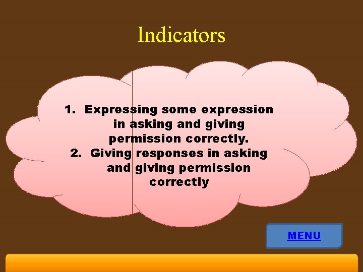 Indicators 1. Expressing some expression in asking and giving permission correctly. 2. Giving responses