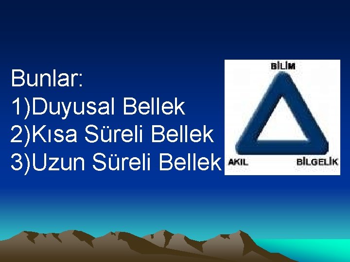Bunlar: 1)Duyusal Bellek 2)Kısa Süreli Bellek 3)Uzun Süreli Bellek 