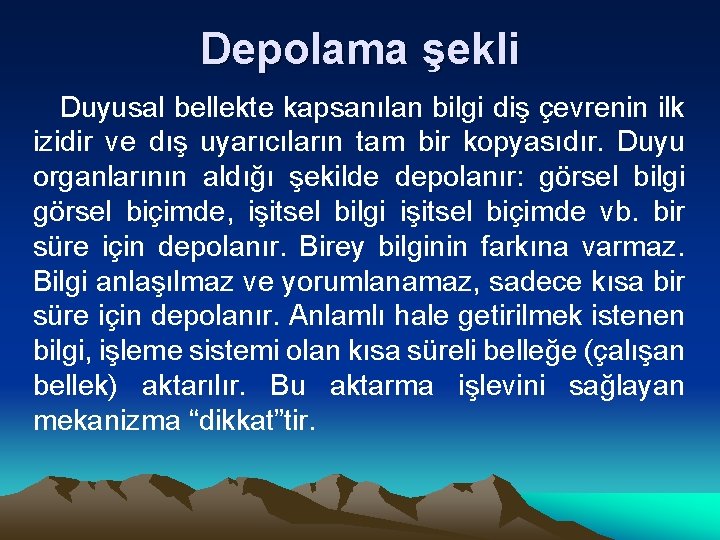 Depolama şekli Duyusal bellekte kapsanılan bilgi diş çevrenin ilk izidir ve dış uyarıcıların tam